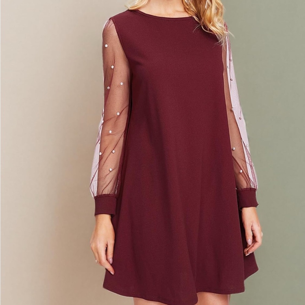 Elegant Burgundy Dress with Sheer Sleeves